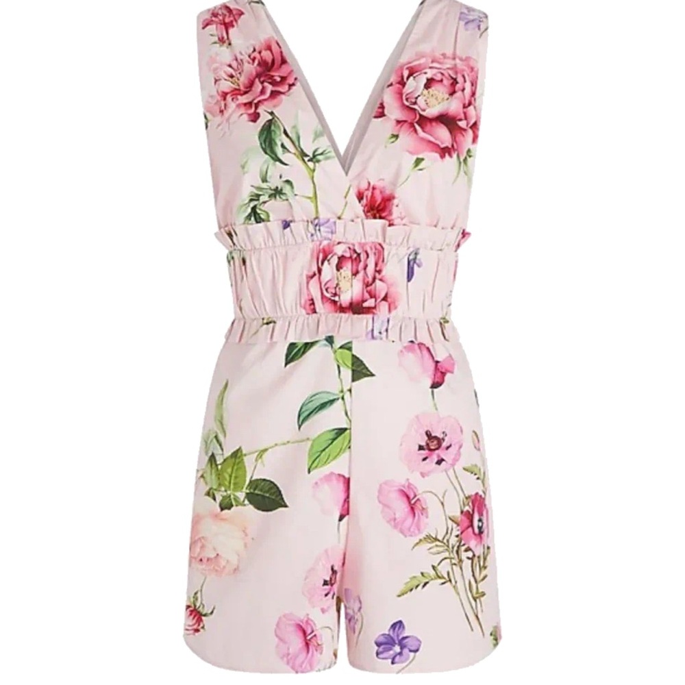 Express - Floral V-Neck Smocked Waist Romper - Pink Print - Size S